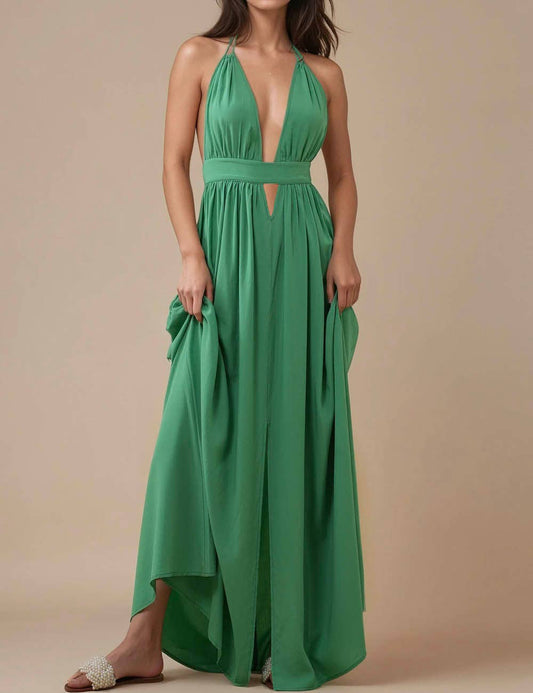 Ladies Deep V-Neck Sleeveless Halter Backless Maxi Dress