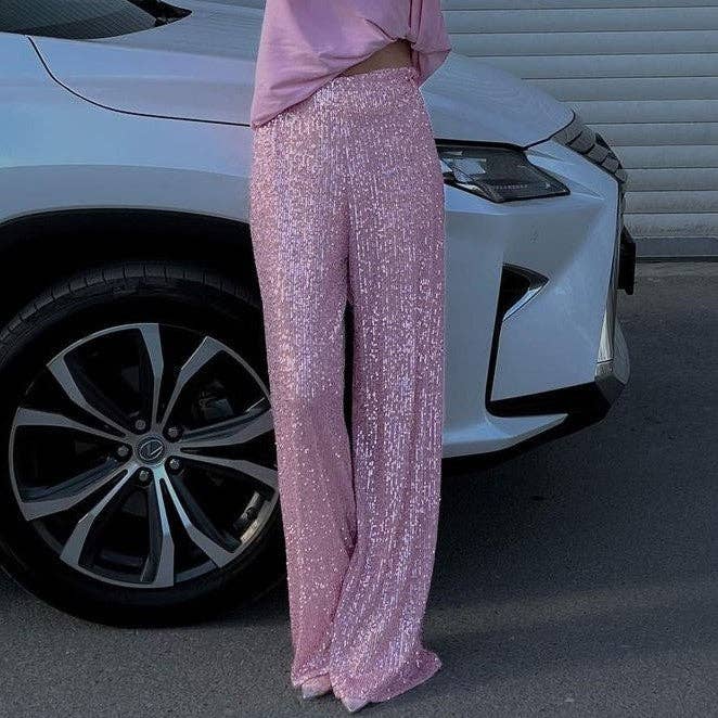 Sweetkama Ladies Solid Glitter Sequin Long Loose Pants: