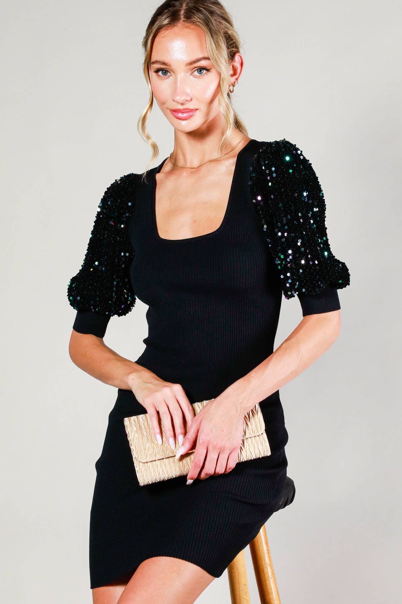 Sequin Detail Puff Sleeve Rib Knit Mini Dress: BLACK