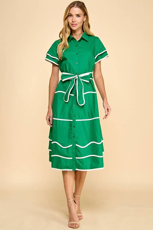 CD05231-Contrast Binding Detail Midi Shirt Dress: Green / L