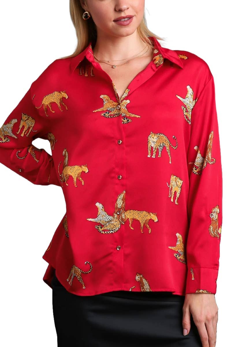 Satin Animal Print Button Down Blouse: Beige