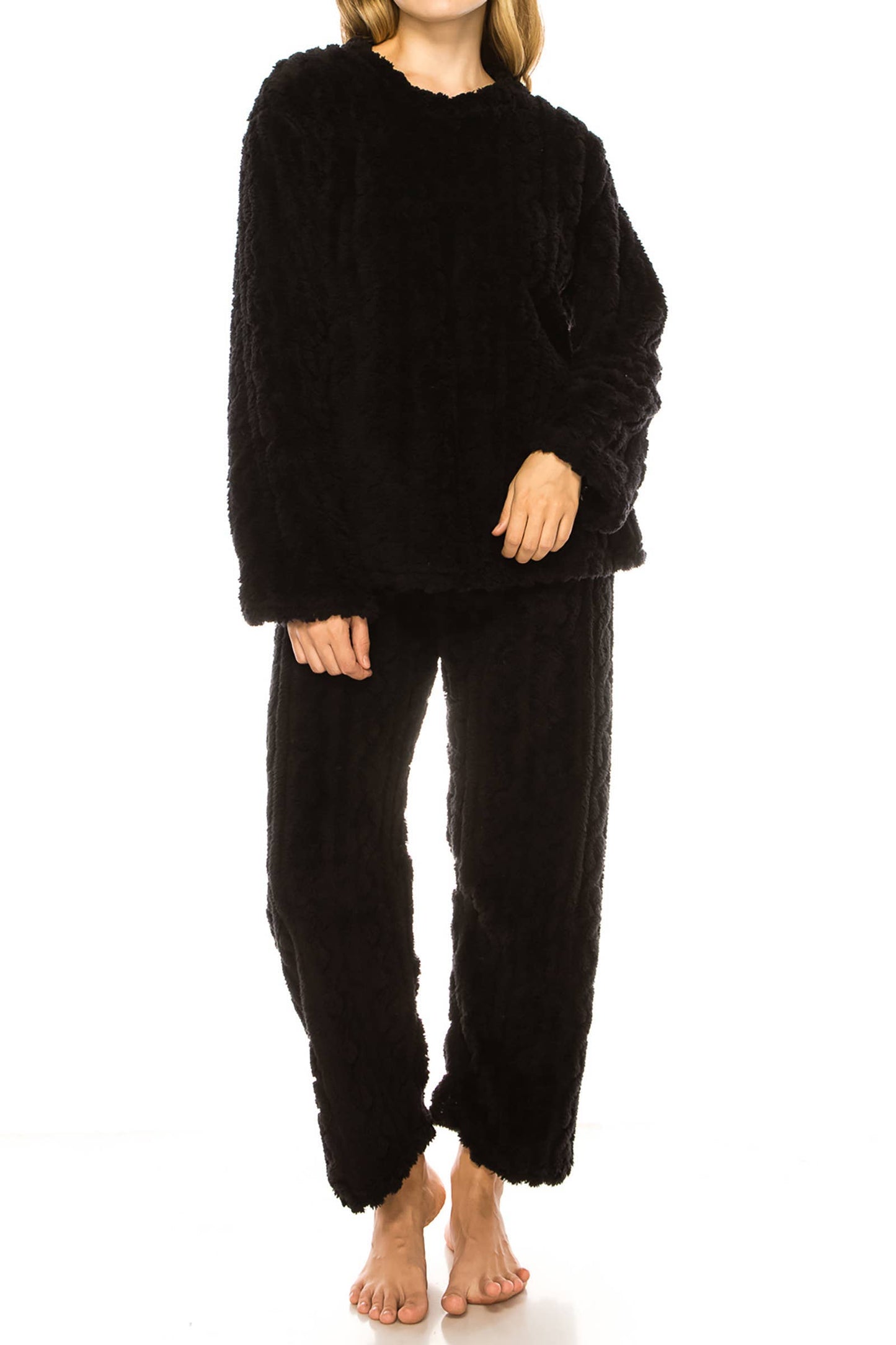 Cable Fuzzy Sherpa Fleece Pajama Sets: BLACK