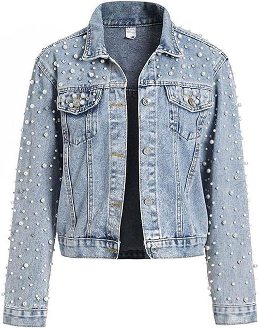 Women Casual Denim Jacket With Pearl Rhinestone Accents: