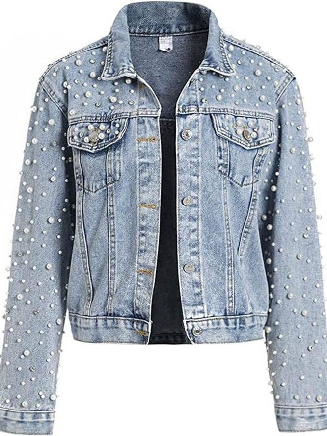 Women Casual Denim Jacket With Pearl Rhinestone Accents: