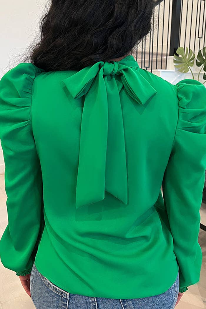 Solid stand collar puff sleeve tie neck blouse: Hot Pink