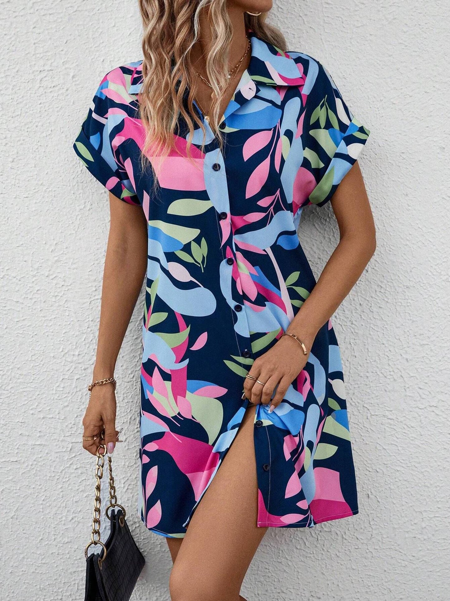 Colorful Floral Cardigan Short Sleeved Lining Dress