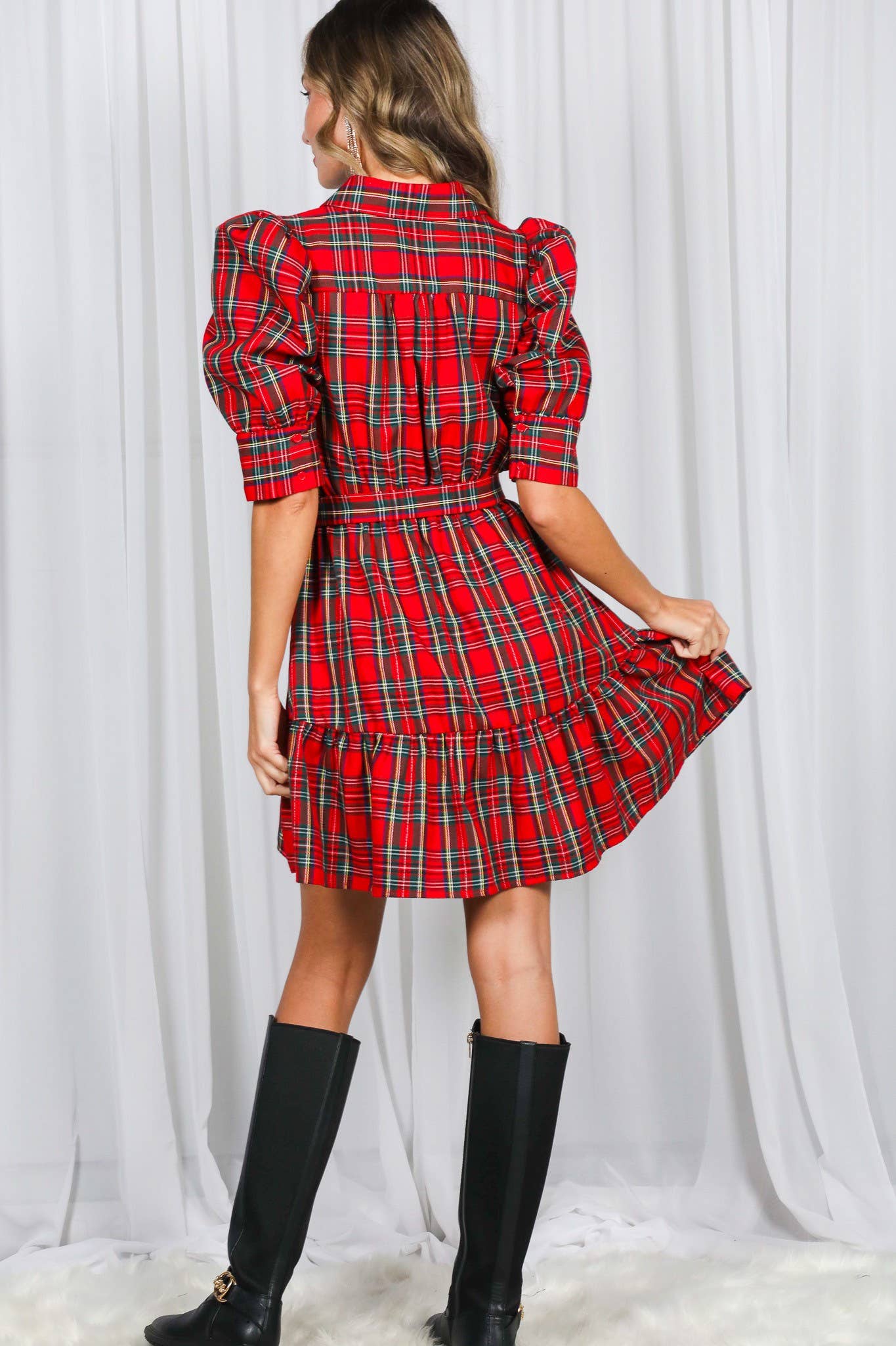 Plaid Short Puff Sleeve Mini Dress VD82293A: Red / L