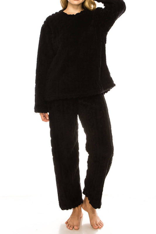Cable Fuzzy Sherpa Fleece Pajama Sets: BLACK