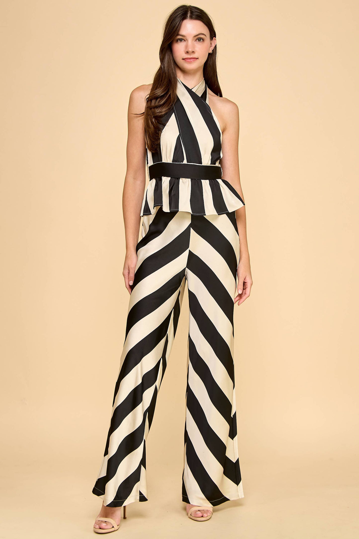 CP10253-Chevron Stripes Elastic Band Satin Wide Leg Pants: Beige