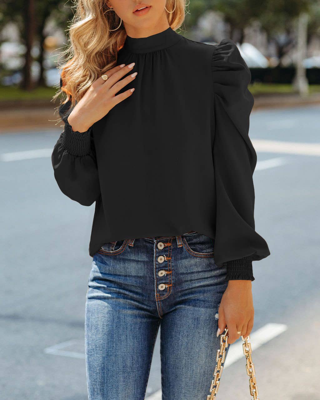 Solid stand collar puff sleeve tie neck blouse: Hot Pink
