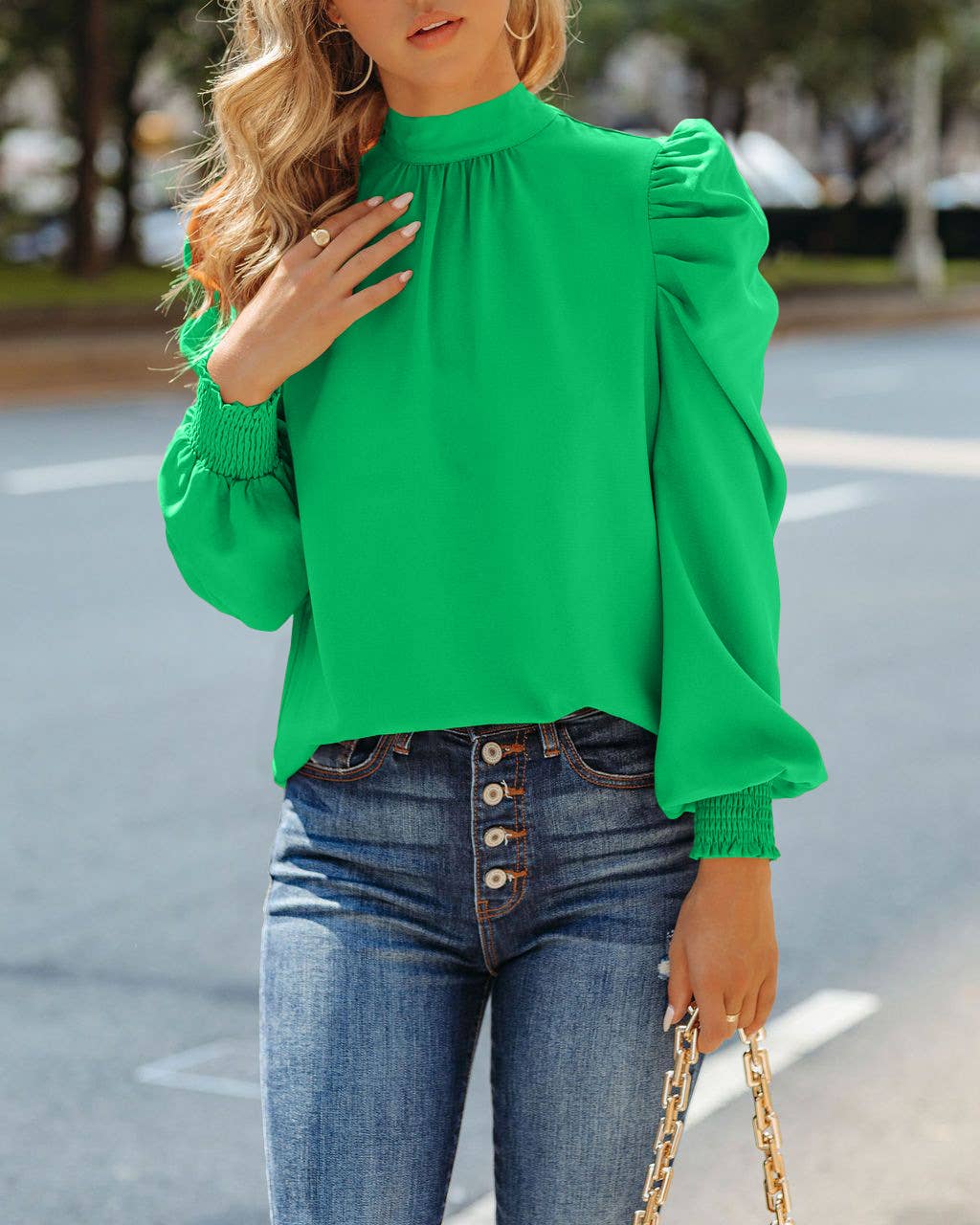 Solid stand collar puff sleeve tie neck blouse: Black