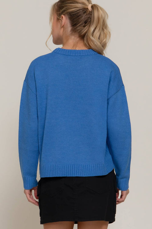 Long Sleeve Crew Neck Front Jacquard Sweater: Cherry