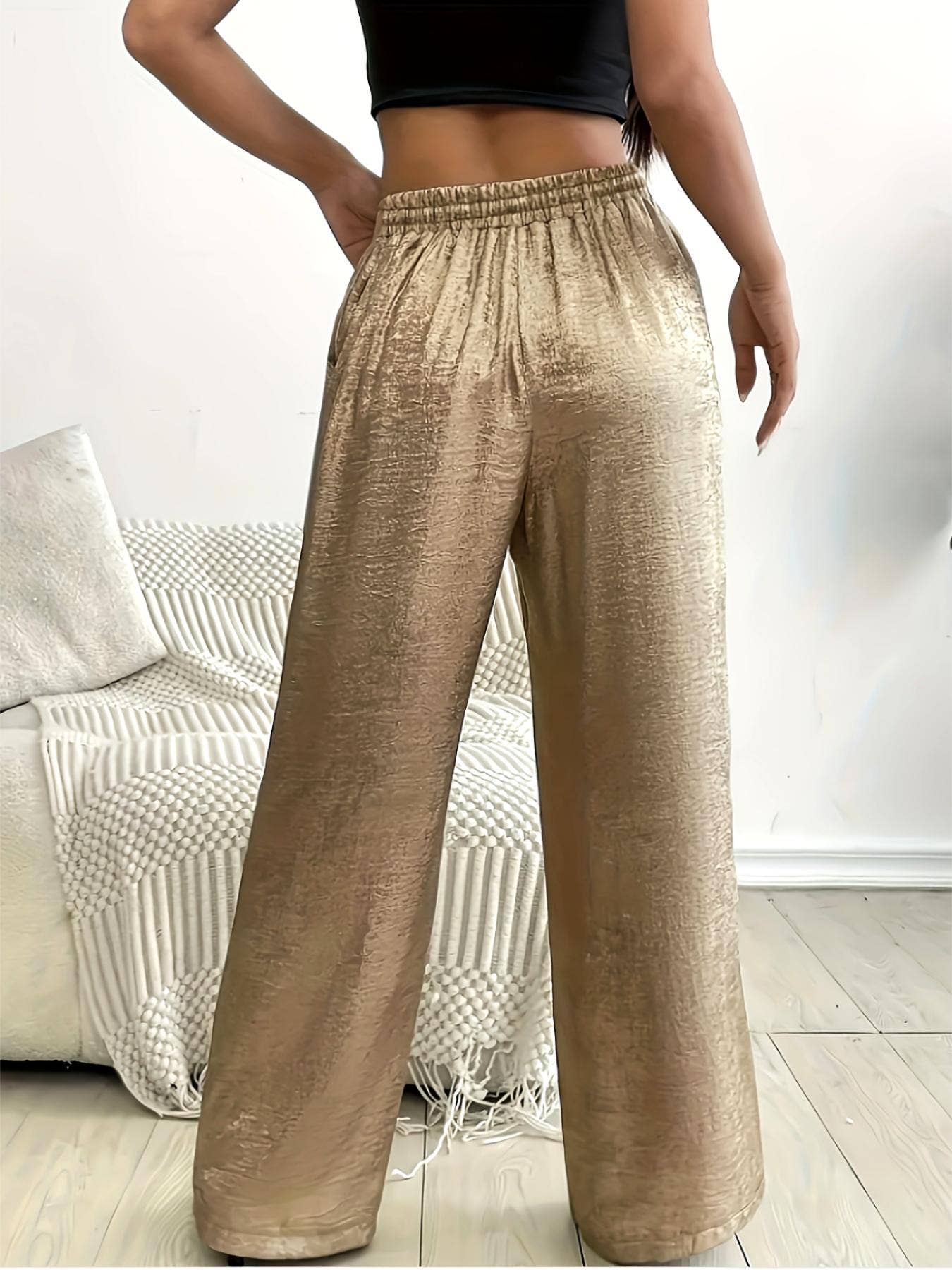 Drawstring bronzing trousers metallic wide-leg pants: Golden / M