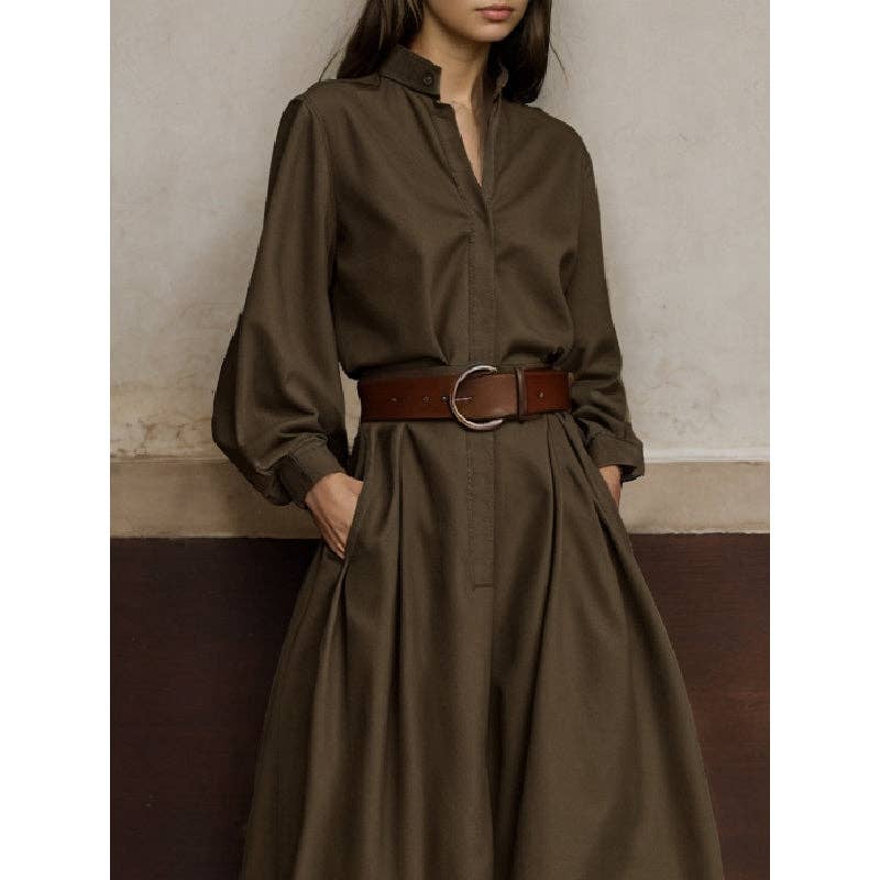 Beltless V-Neck Jumpsuit: GREEN BROWN