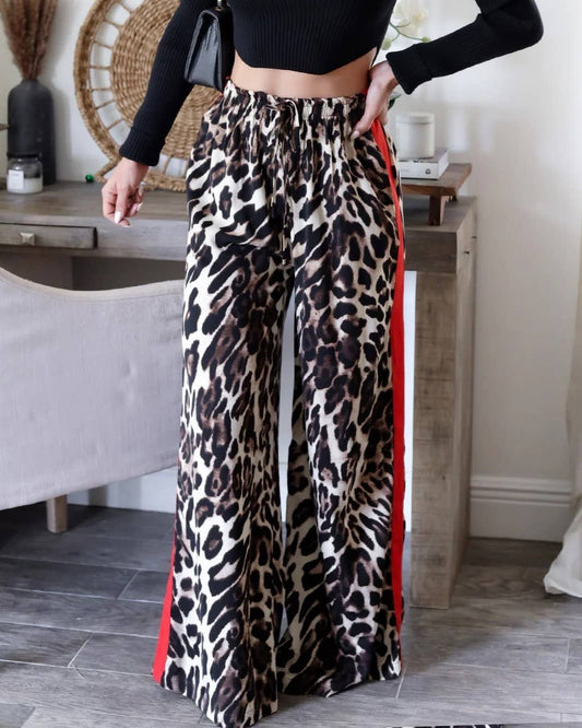 Street Leopard Print Side Striped Straight Pants: Leopard