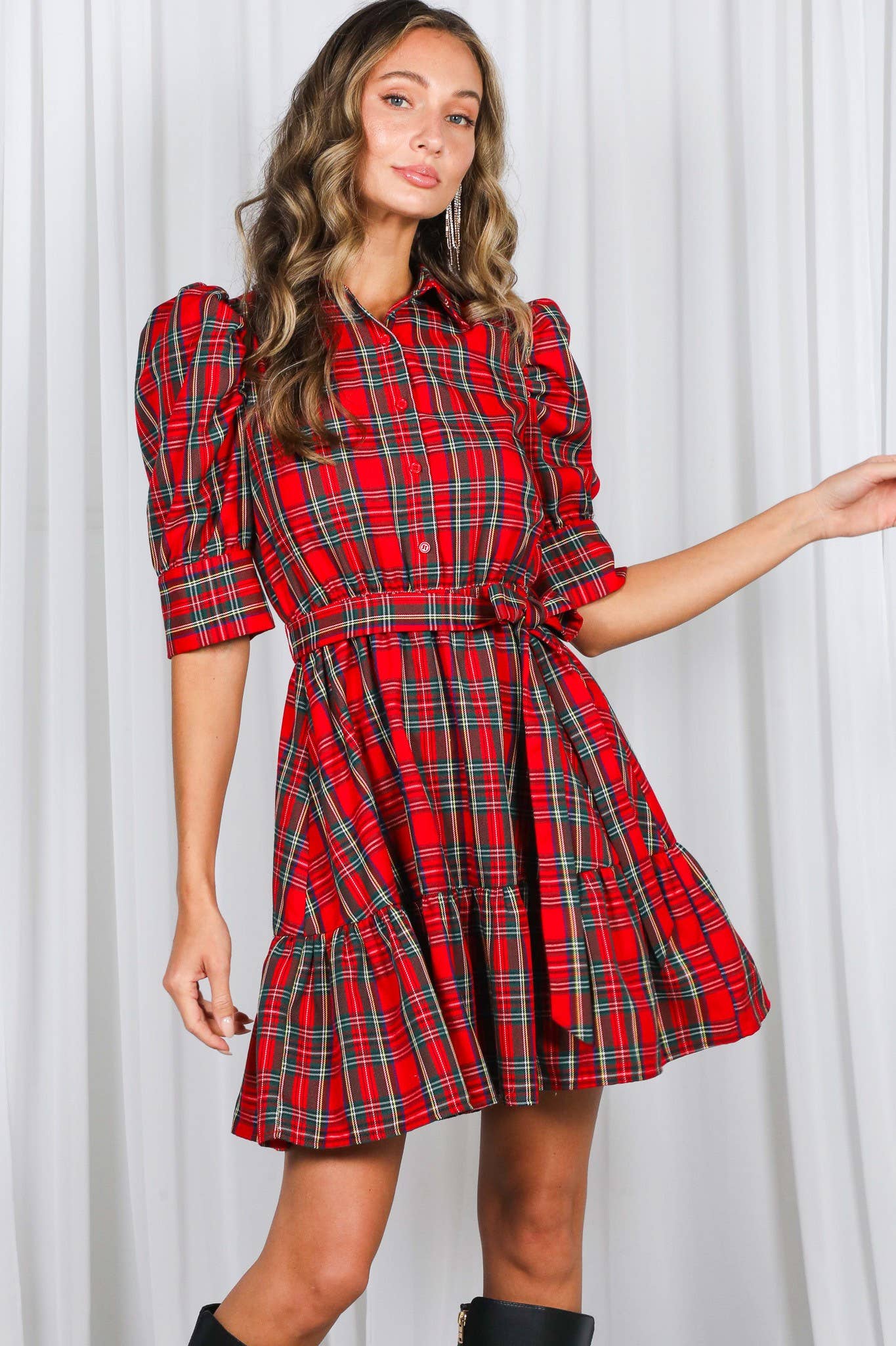 Plaid Short Puff Sleeve Mini Dress VD82293A: Red / S
