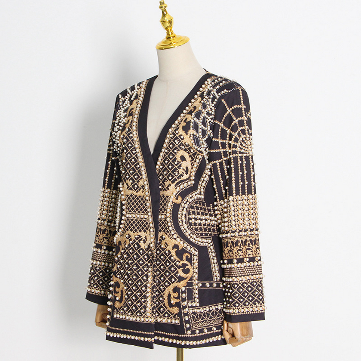 Stylish V-Neck Beaded Print Blazer Jacket: Yellow