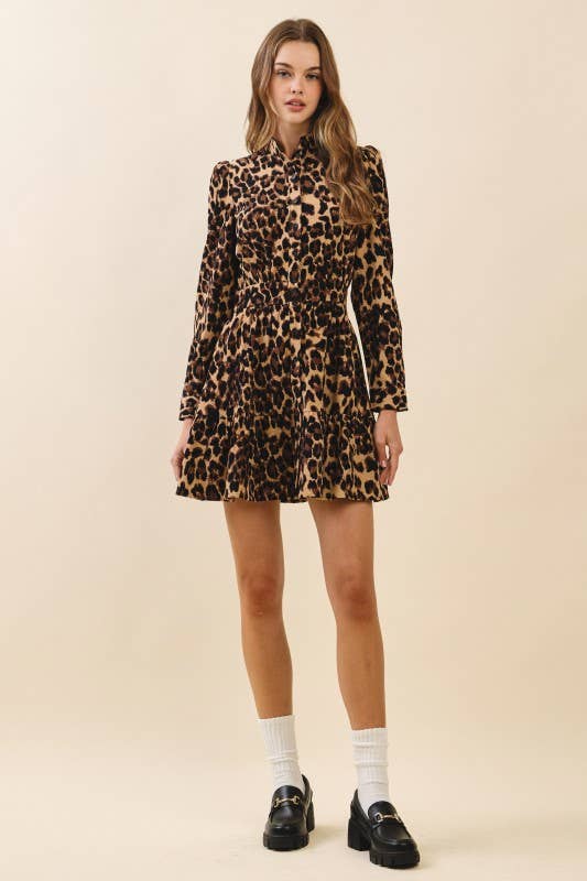 CD05564-Leopard Print Fitted Waist Mini Shirt Dress: Brown