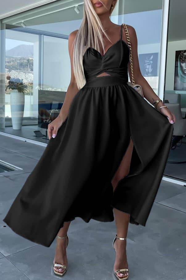 Plunge twist front cutout slit strappy swing cocktail dress: Beige / XL