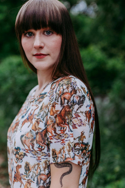 MK380 Buckaroo Short Sleeve Mesh Sheath Dress: Cowboy / M