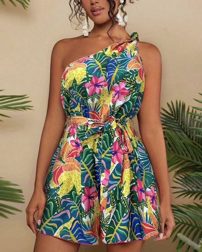 Vivid Tropical Print One Shoulder Belted Romper: Red / XL