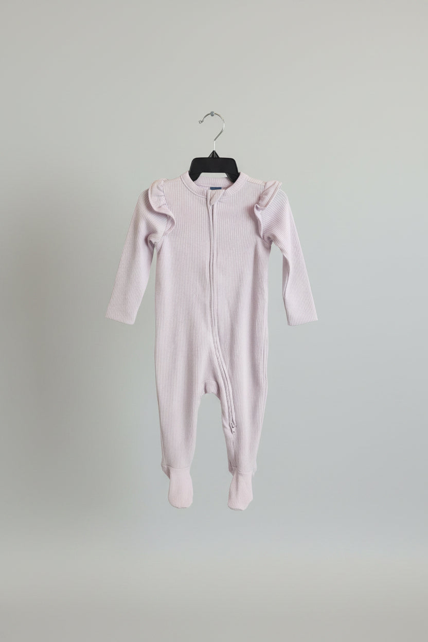 Purple ribbed ruffle-sleeve footed onesie