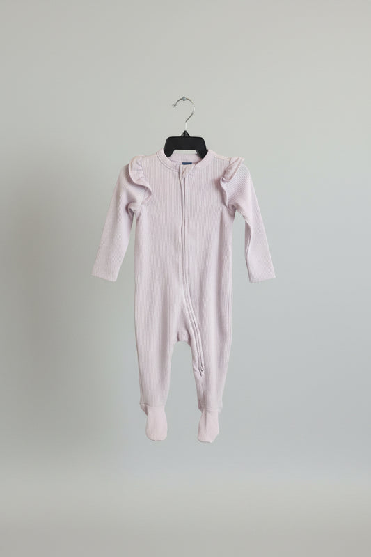 Purple ribbed ruffle-sleeve footed onesie